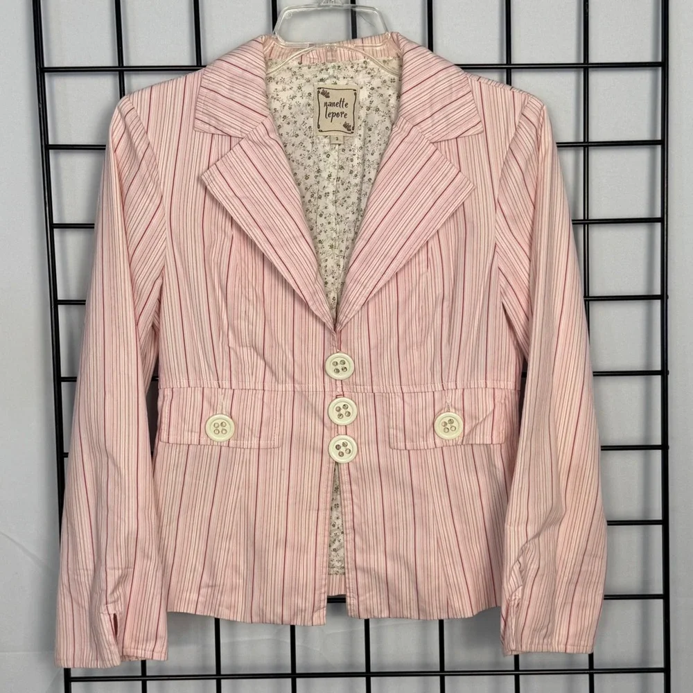 Nanette Lepore Blazer Womens 2 Pink Striped Floral Lined Button Front Jacket